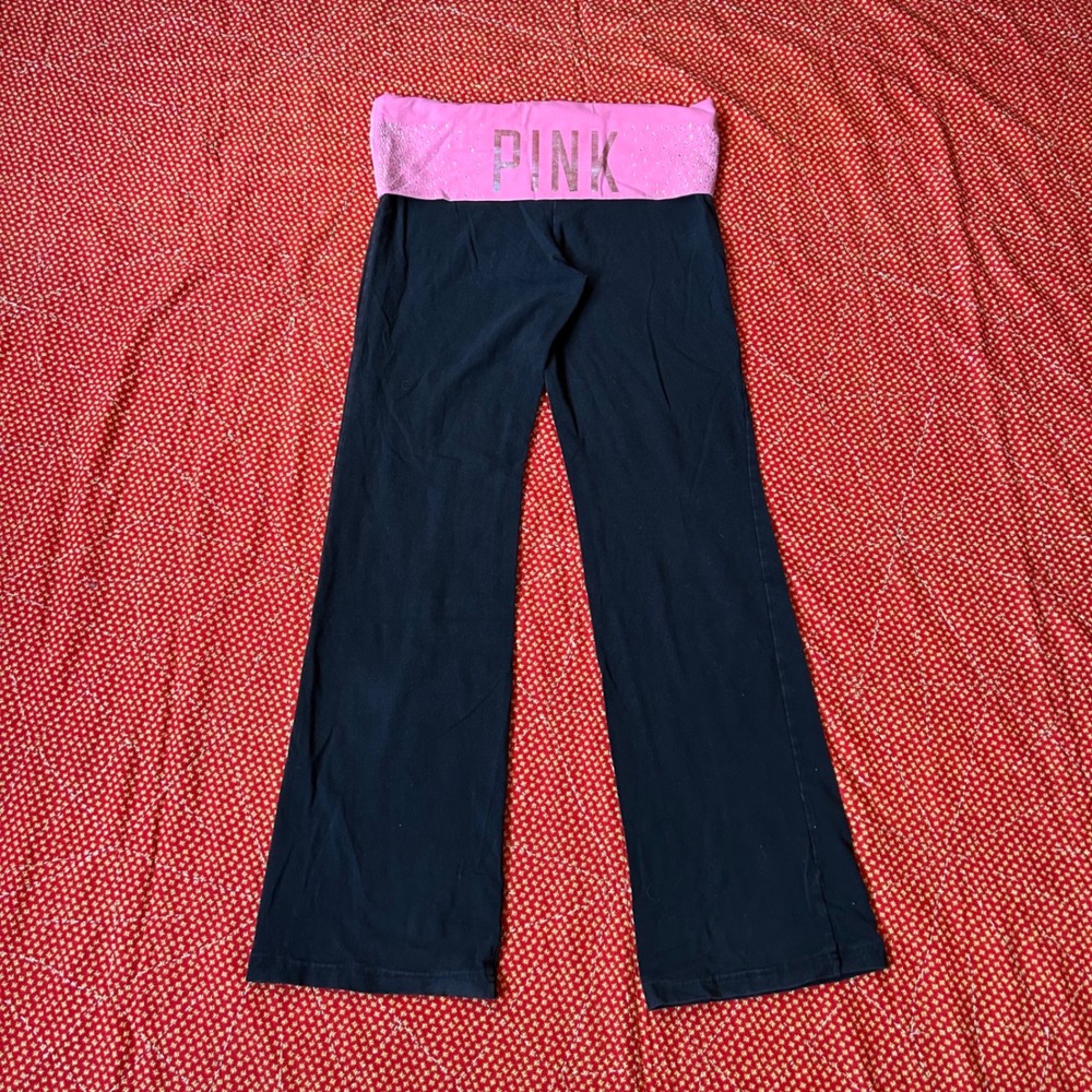 Victoria's Secret PINK Yoga Pants Black Pink Rhinestone Foldover Flare Large